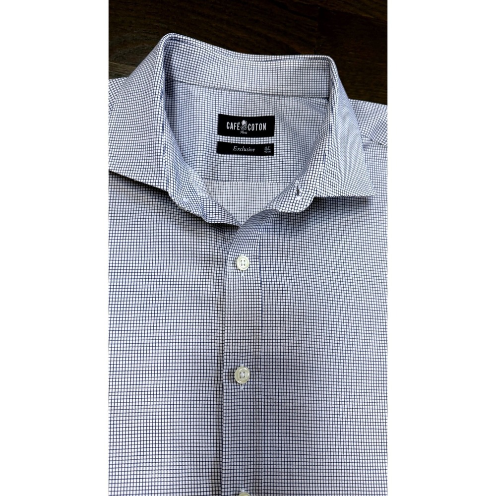 Cafe Coton Paris Exclusive Blue White Micro Check Dress Shirt Mens 16.5 42cm
